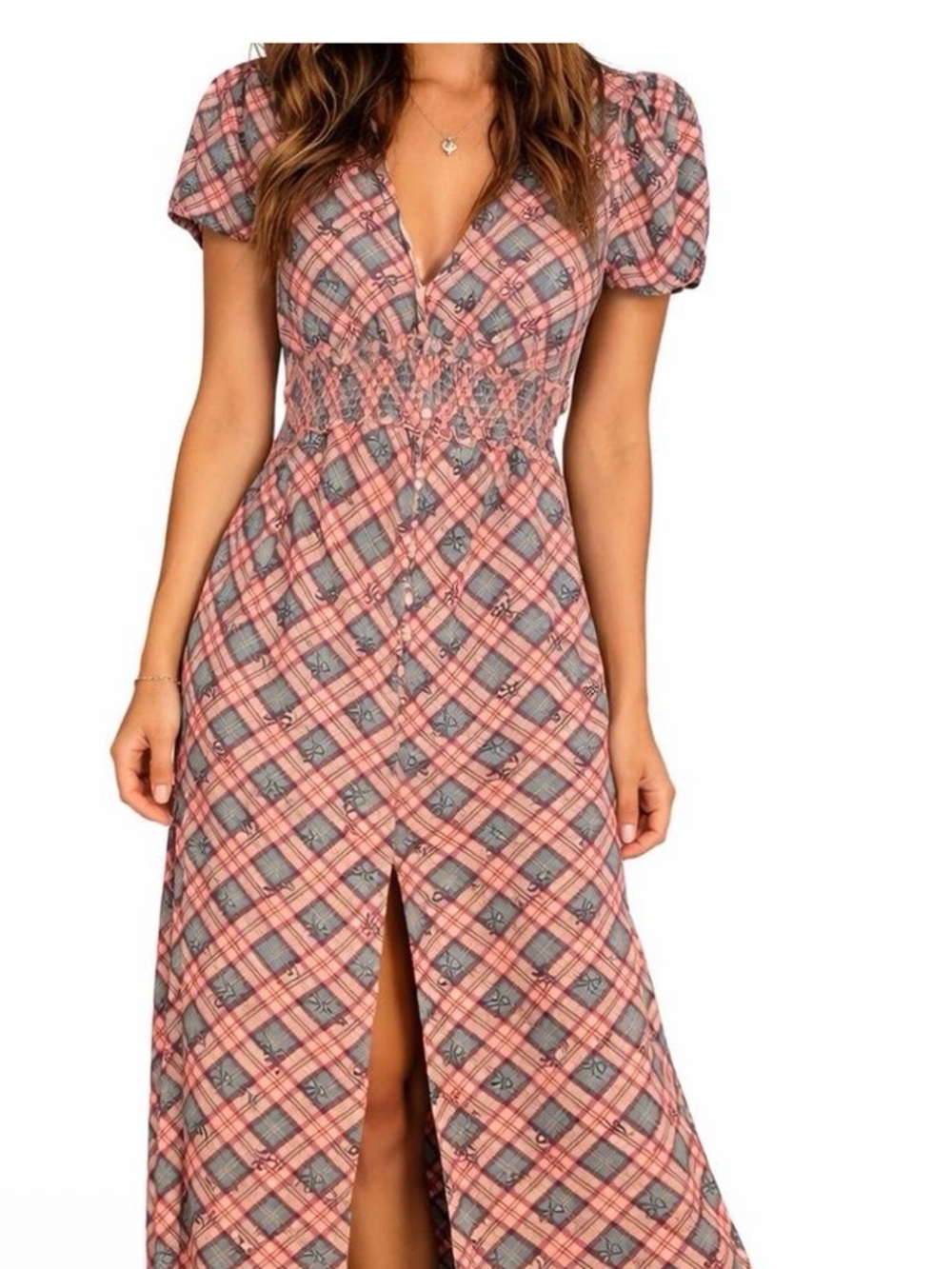 Kimchi Blue Pink Plaid High-Low Maxi Dress bow pattern size large cottage core